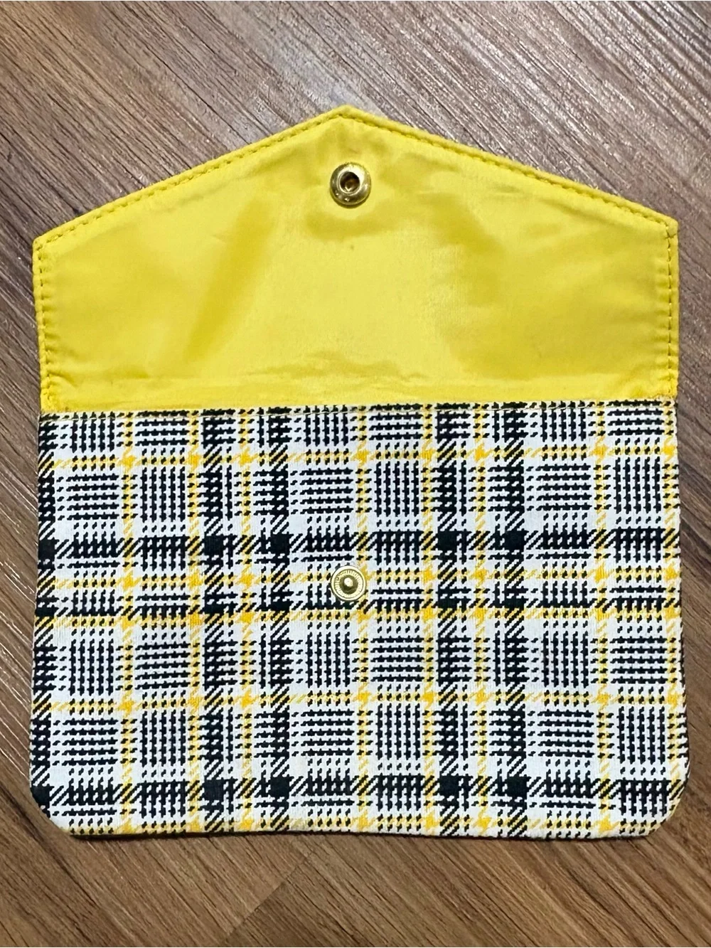 IPSY Plaid Envelope Clutch Cosmetic Makeup Pouch Brown Yellow Snap Small Bag